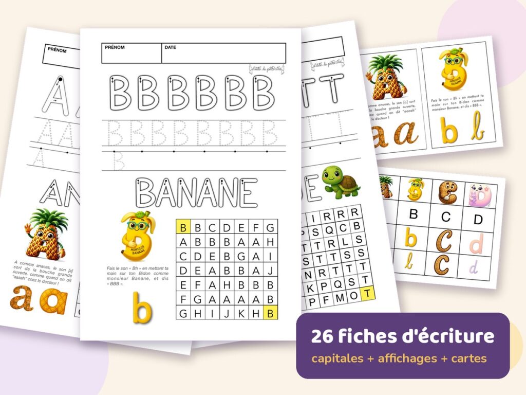 Les Héros de l'Alphabet, 26 fiches d'écriture en capitales, affichages et cartes, MS