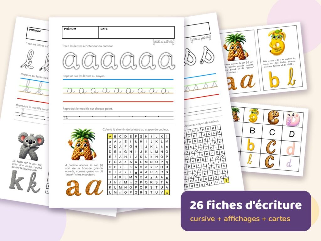 Les Héros de l'Alphabet, 26 fiches d'écriture cursive, affichages et cartes, GS