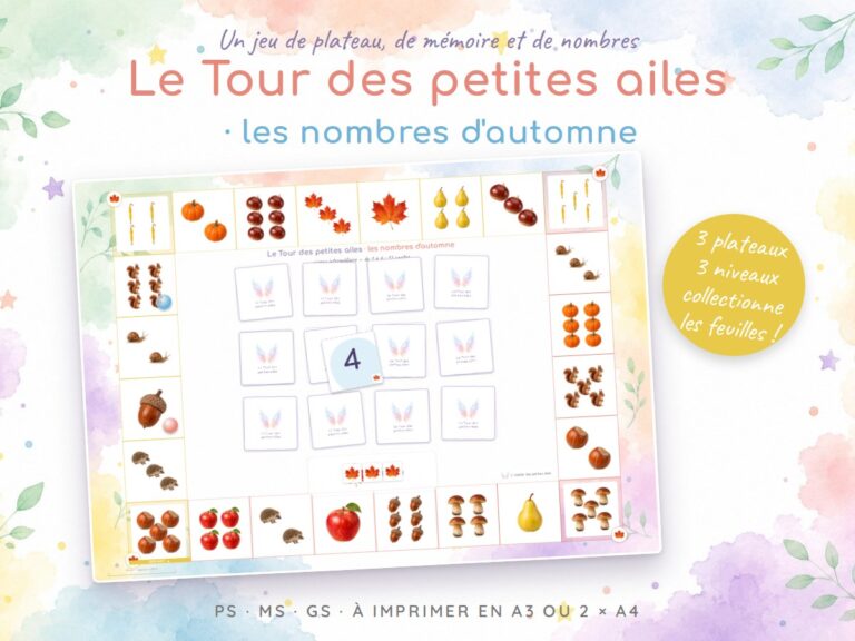 Le Tour des petites ailes, les nombres d'automne : jeu de plateau A3 pour dénombrer de petites collections, 3 niveaux de 1 à 3, 1 à 6 et 1 à 10, maternelle PS MS GS