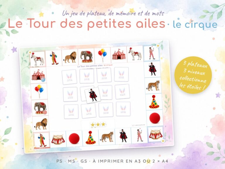 Le Tour des petites ailes, le cirque : jeu de plateau A3 de mémoire et de vocabulaire à imprimer, 3 niveaux, maternelle PS MS GS