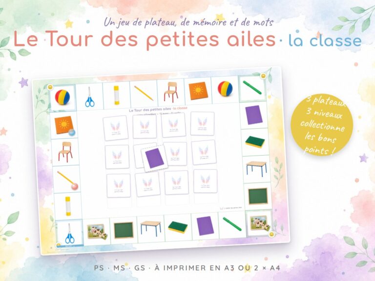 Le Tour des petites ailes, la classe : jeu de plateau A3 de mémoire et de vocabulaire à imprimer, 3 niveaux, maternelle PS MS GS