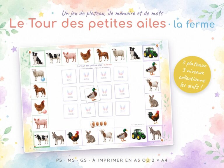 Le Tour des petites ailes, la ferme : jeu de plateau A3 de mémoire et de vocabulaire à imprimer, 3 niveaux, maternelle PS MS GS